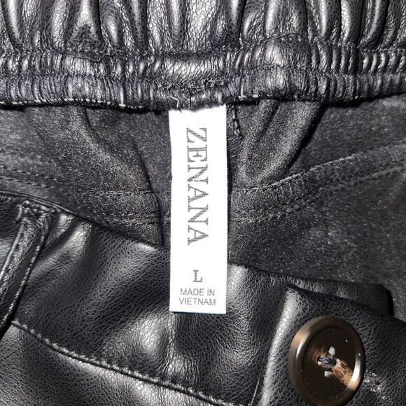 Zenana Black Wide Leg Faux Vegan Leather Pants Women L Button Zipper Closure - Picture 3 of 6